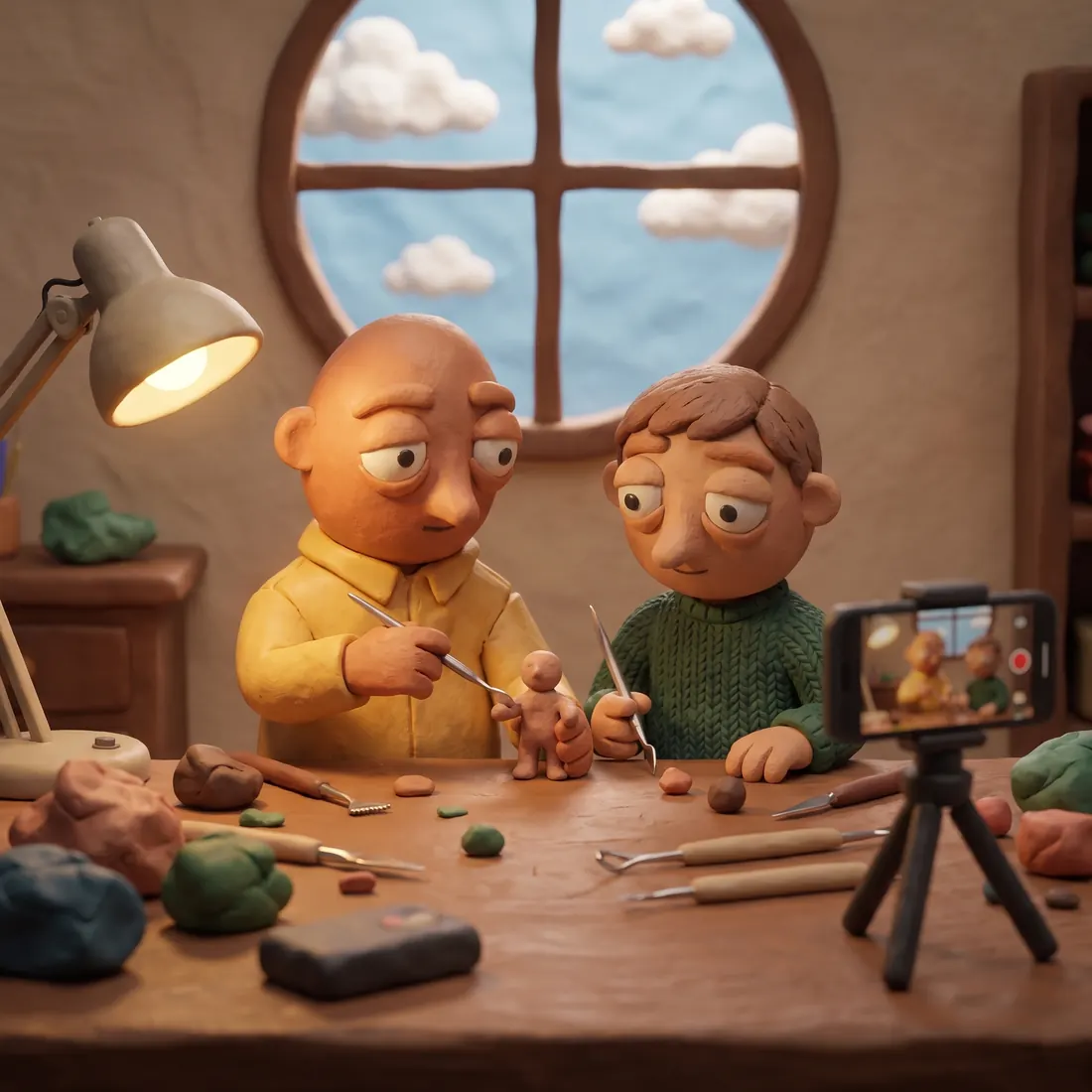 The two clay figures sculpting a tiny clay figure at a workbench