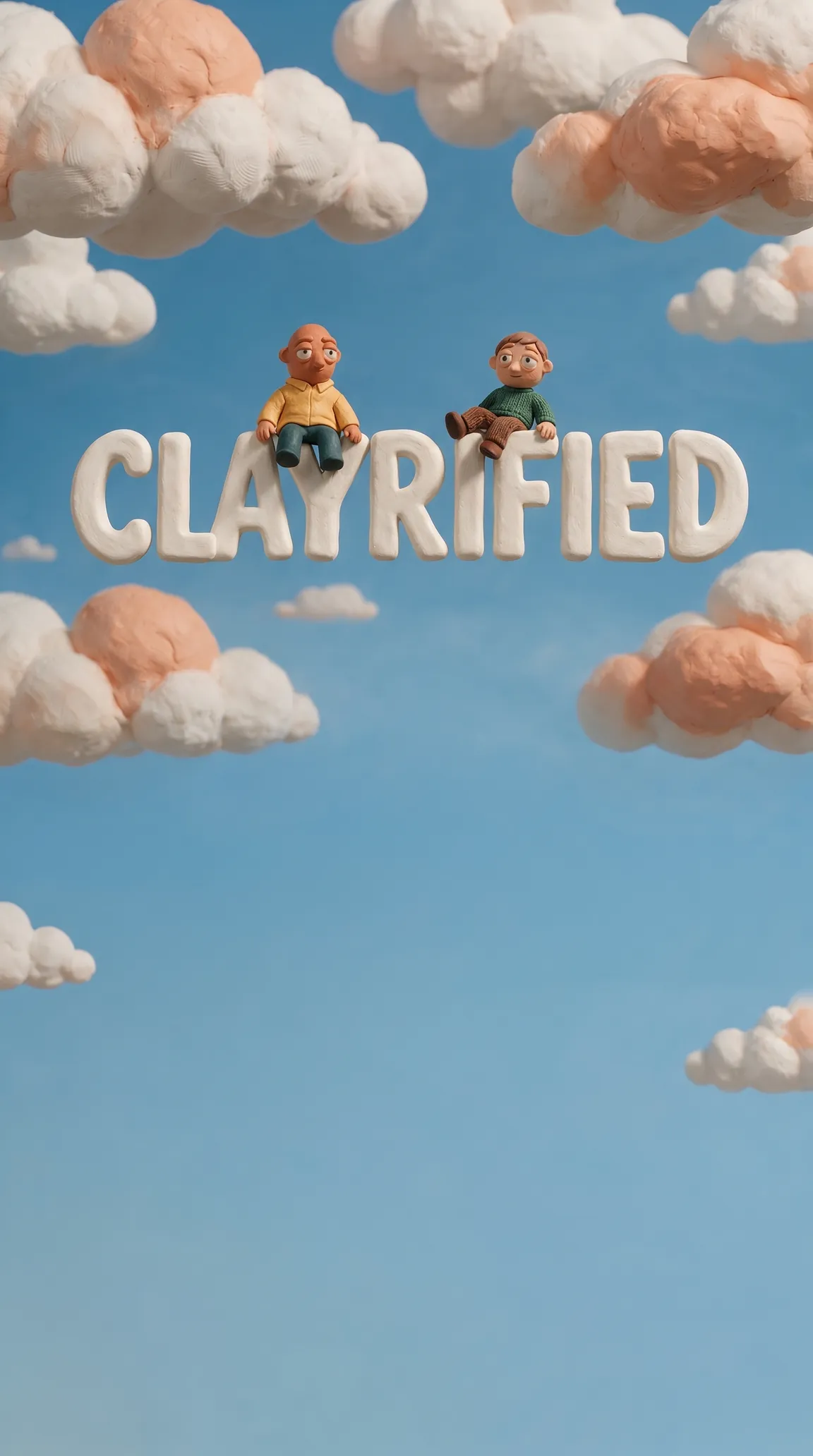 Two clay figures sitting on the word Clayrified, made of white clay, in a blue sky with clay clouds